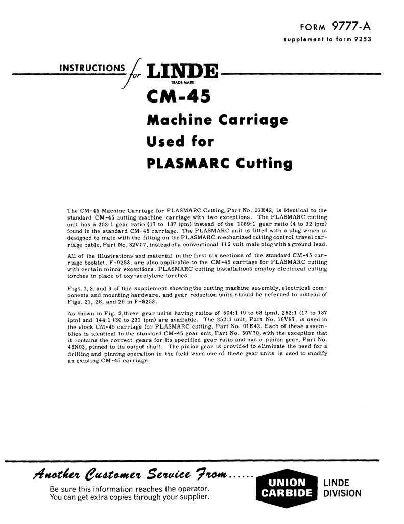 Linde CM-45 Machine Carriage used for Plasmarc Cutting
