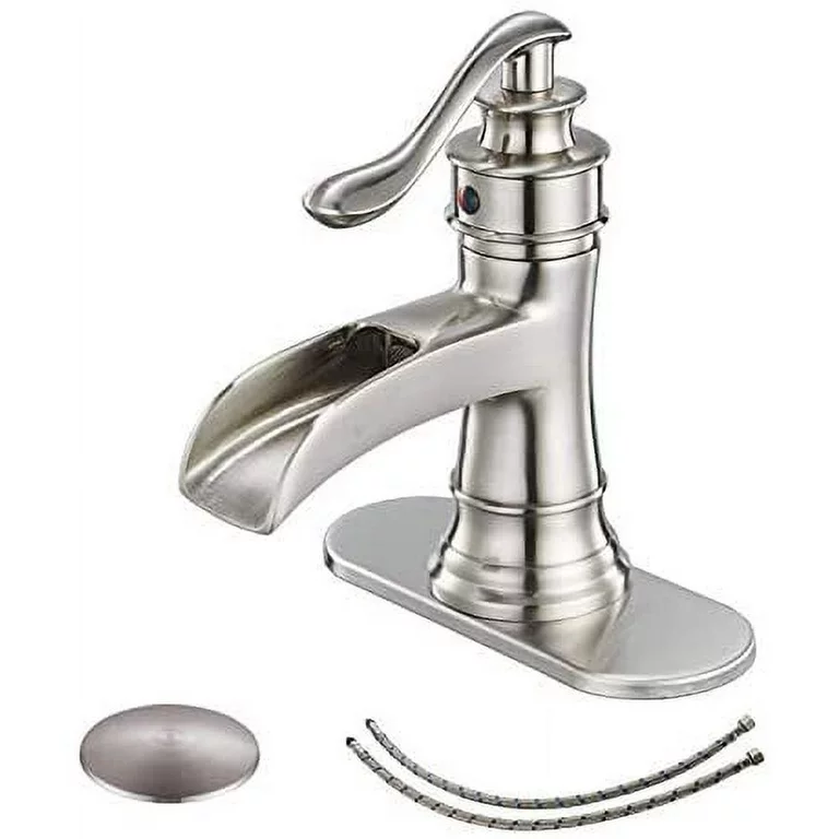 Waterfall Commercial Spout Brushed Nickel Single Handle One Hole Bathroom Sink Faucet Deck Mount Lavatory