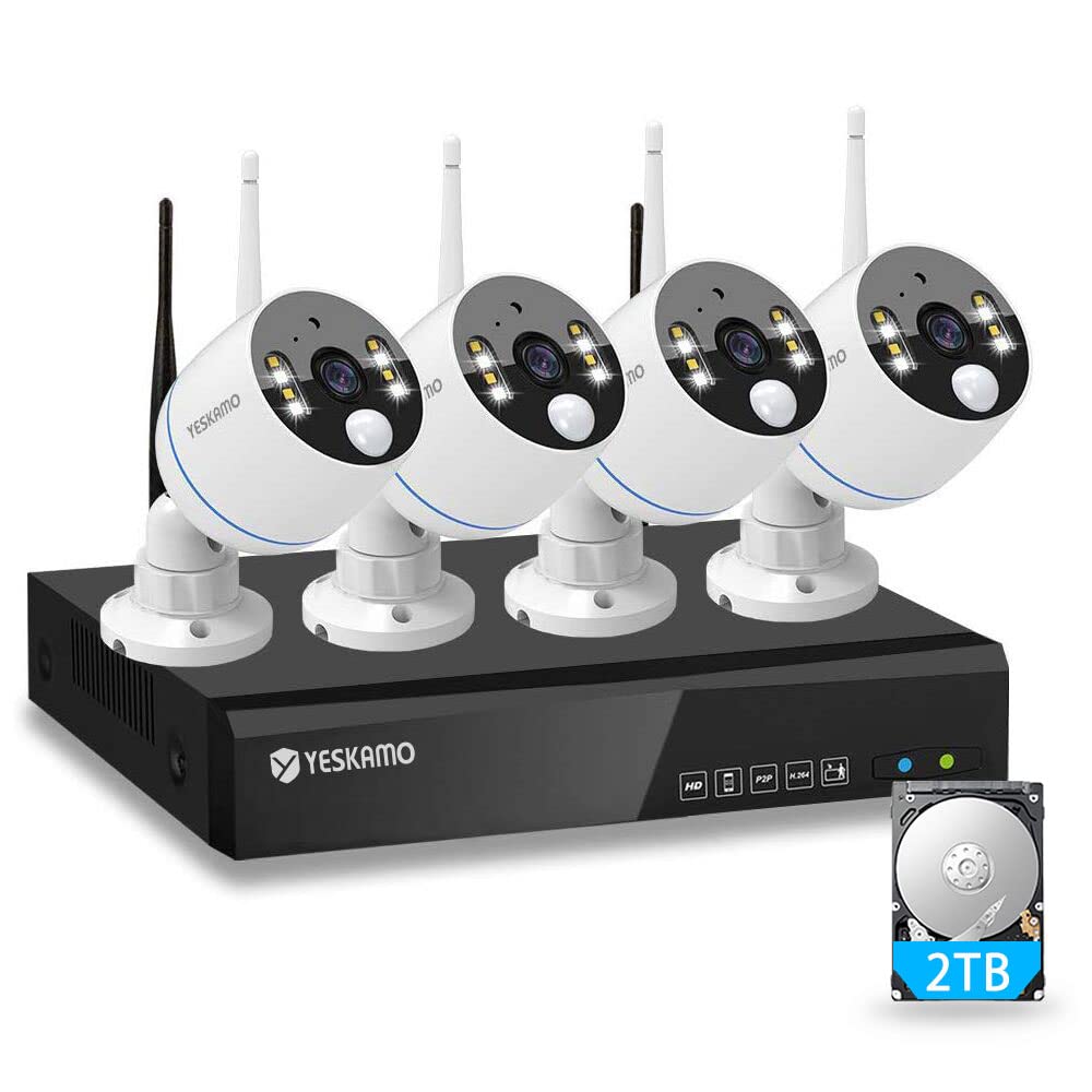 YESKAMO Security Camera System Wireless, 4 Pcs 1080P Floodlight IP Camera, 8-Channel WiFi NVR and 2TB Hard Drive, 2 Way Audio, Siren Alarm, Mobile View, Color Night Vision Surveillance NVR Kits