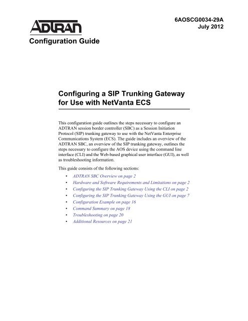 Configuring a SIP Trunking Gateway for Use with NetVanta ECS