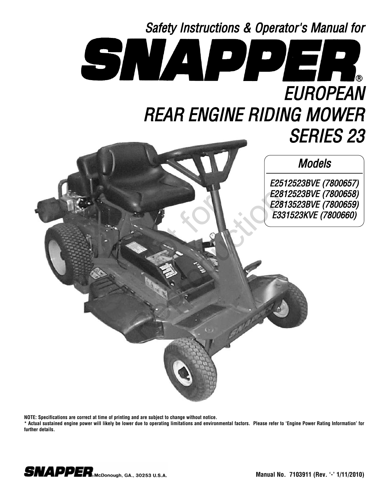 SAFETY INSTRUCTIONS & OPERATOR'S MANUAL FOR SNAPPER EUROPEAN REAR ENGINE RIDING MOWER SERIES 23